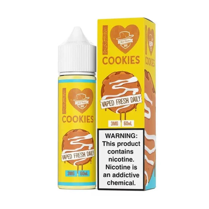 E-liquid bottle and packaging for a cookies-flavored vape juice product.