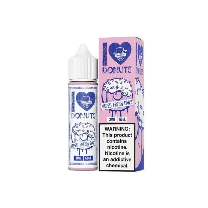 E-liquid bottle and packaging for ’I Love Donuts’ vape juice flavor.