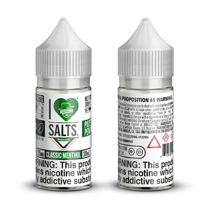 Bottle of nicotine salt e-liquid in Classic Menthol flavor with warning labels.