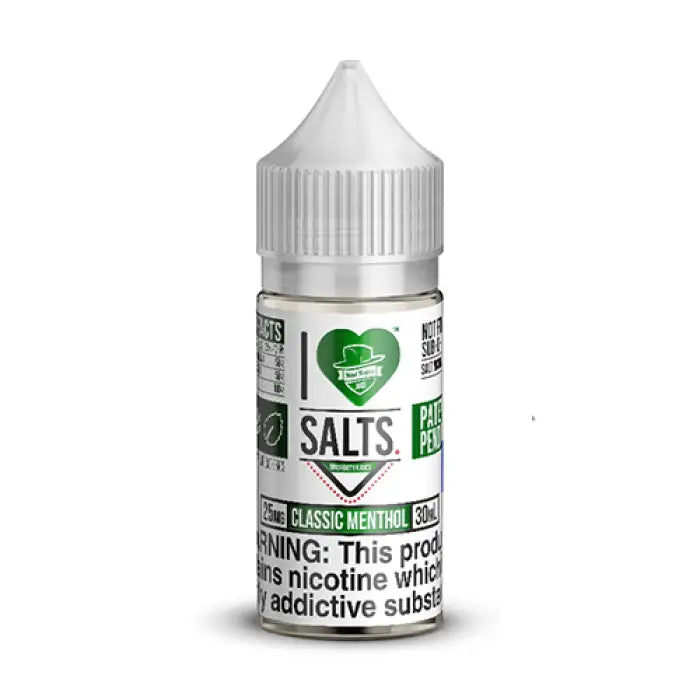 Bottle of e-liquid labeled ’I Love Salts Classic Menthol’ with a heart-shaped logo.