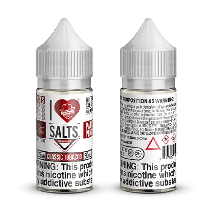 Two small bottles of nicotine salt e-liquid labeled ’I Love Salts’ with a classic tobacco flavor.