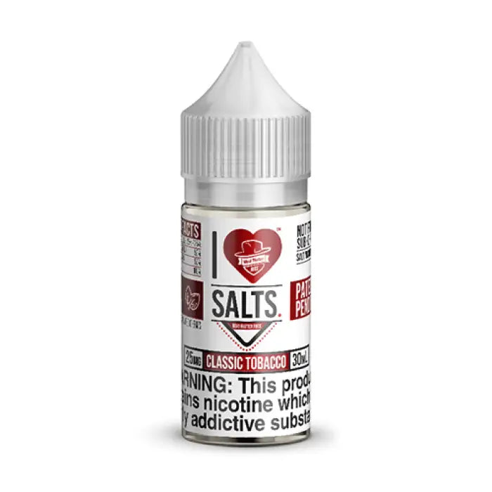 Bottle of e-liquid labeled ’I Love Salts Classic Tobacco’ with a heart logo and warning text.