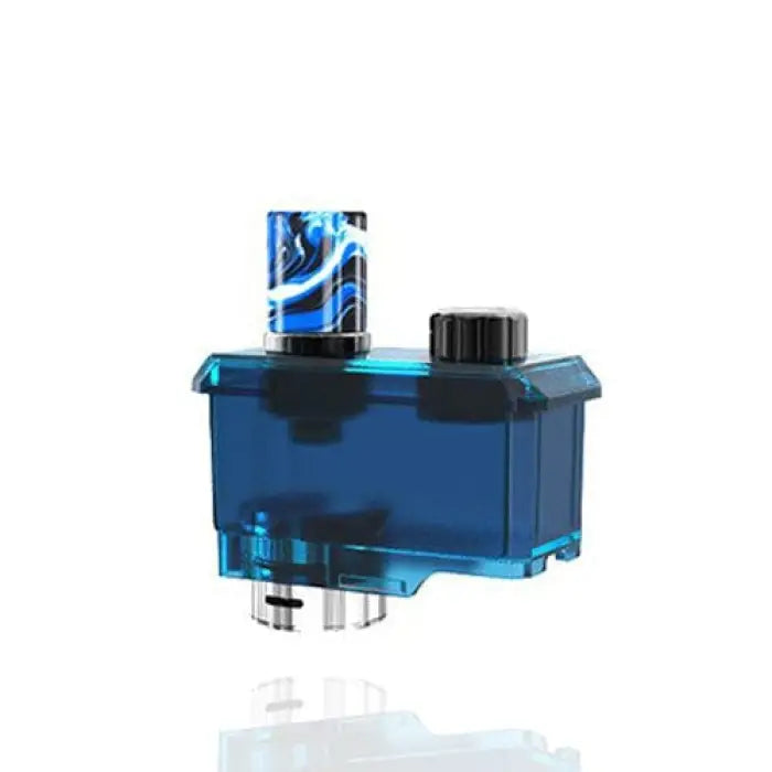 Blue transparent vaping pod or cartridge with a black top and visible coil inside.