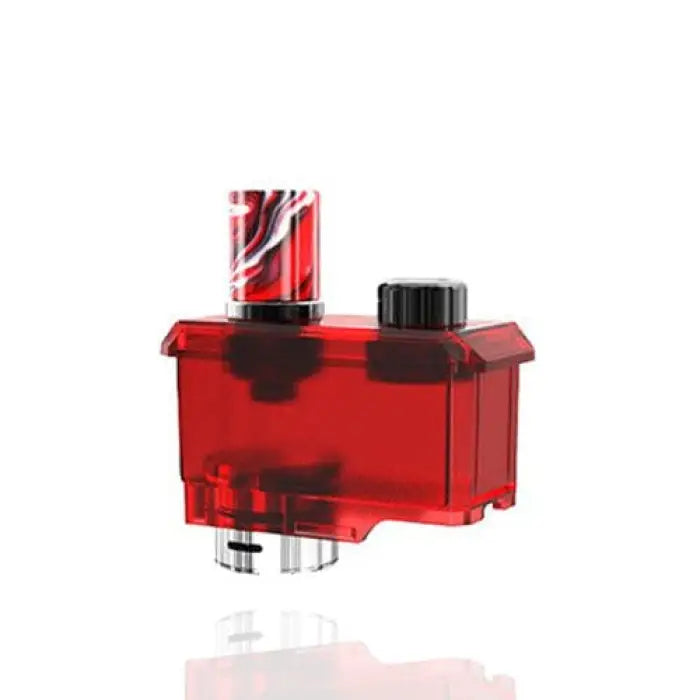 Red translucent vaping device or e-cigarette cartridge with a black top.