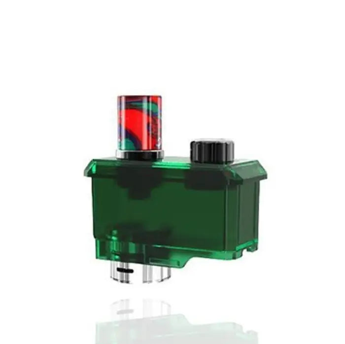 Green plastic vaping pod or cartridge with a colorful mouthpiece and black cap.