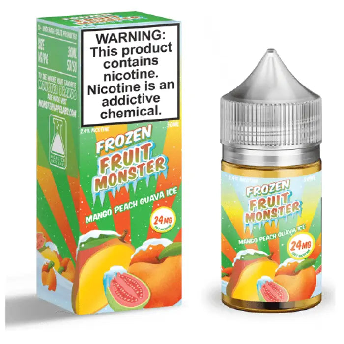 E-liquid bottle and packaging for ’Frozen Fruit Monster’ vape juice in mango peach guava ice flavor.