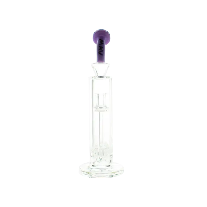 Clear glass bottle with a purple stopper or cap.