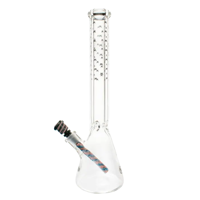 Glass water pipe or bong with a long neck and decorative blue accents.