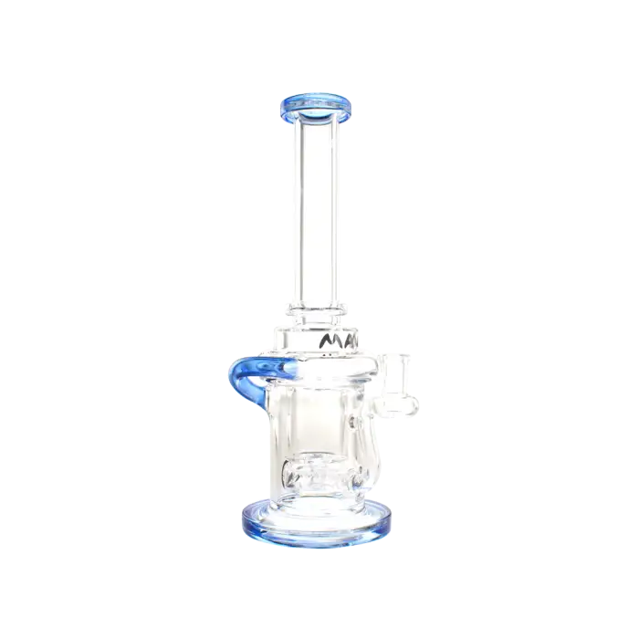 Glass water pipe with blue accents and a percolator chamber.