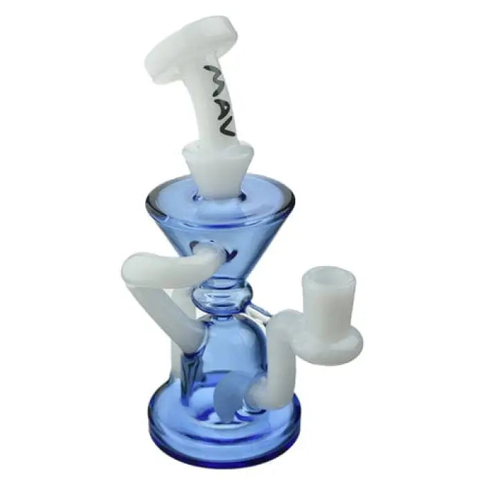 Blue glass water pipe with multiple chambers and white accents.