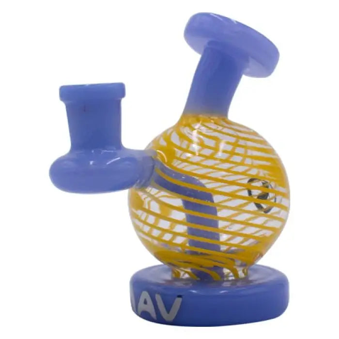 Colorful glass water pipe with a spherical yellow and blue striped chamber and blue accents.