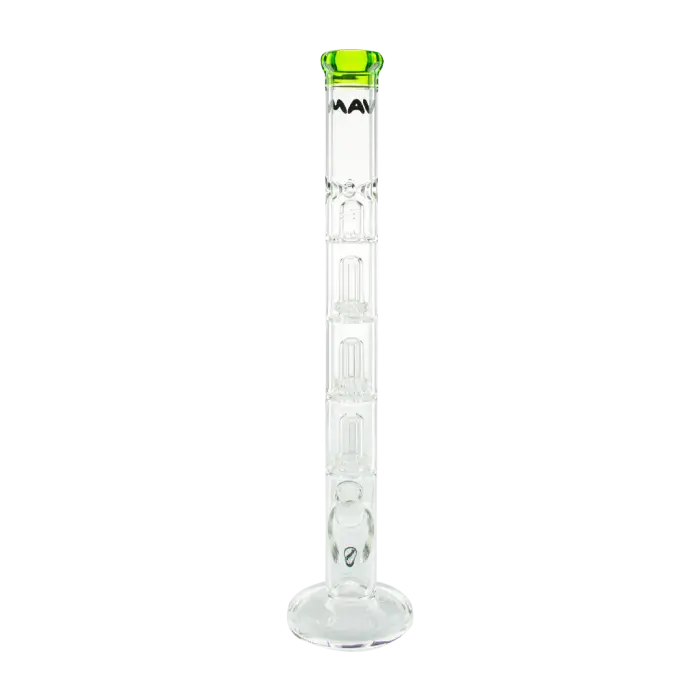 Glass water pipe with multiple percolators and a green mouthpiece.