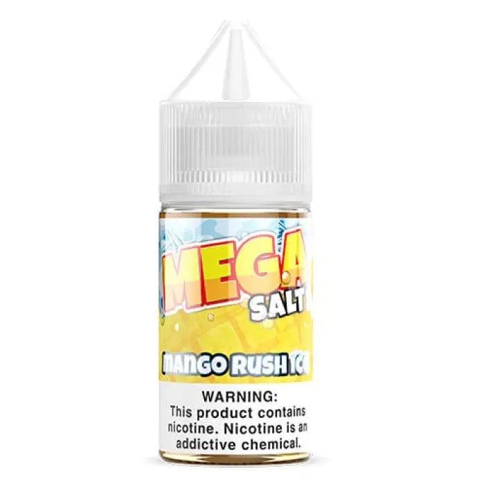 Bottle of ’Mega Salt’ e-liquid in Mango Rush flavor with a nicotine warning label.