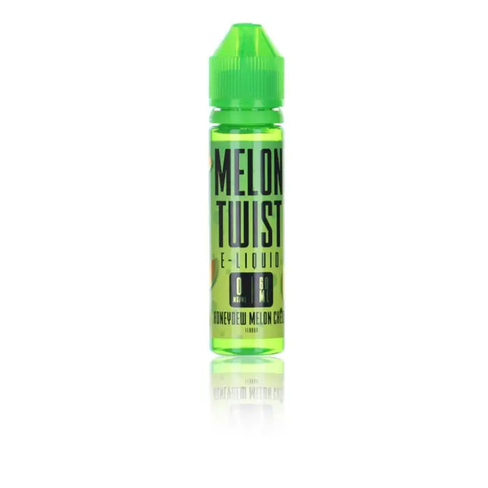 Bright green bottle of ’Melon Twist’ e-liquid for vaping.