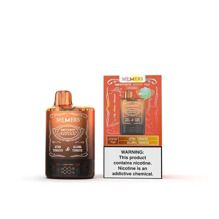 Electronic vaping device with orange and brown coloring, displayed alongside its packaging.