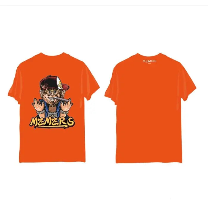 Bright orange t-shirt with a cartoon character design on the front.