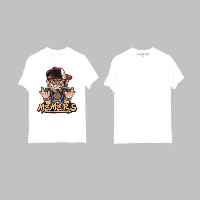 White t-shirt with a cartoon character design on the front.