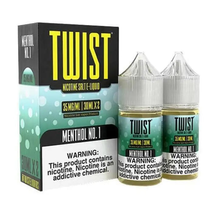 Nicotine salt e-liquid product called ’TWIST’ in menthol flavor, featuring packaging and bottles.