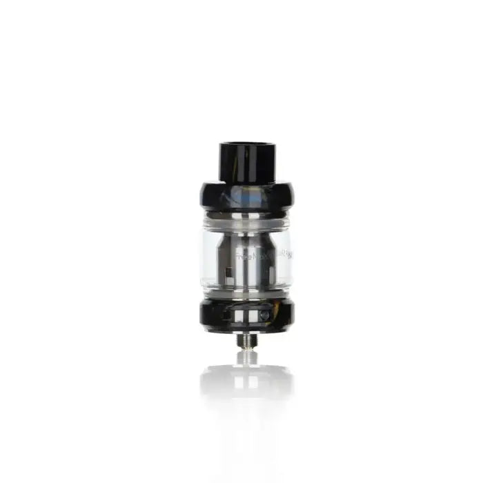 Vaping tank or atomizer with a glass chamber and black top and base components.