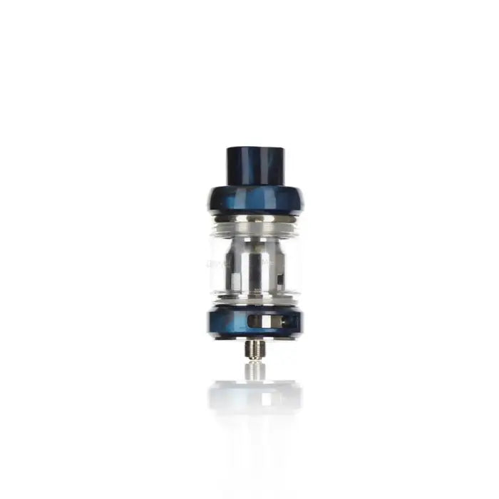 Vaping tank or atomizer with a metallic body and blue accents.