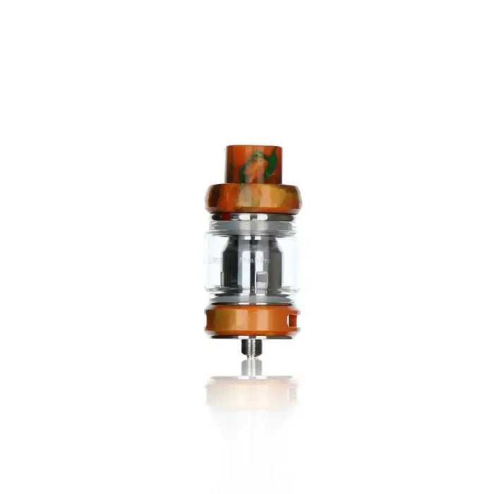 Vaping tank or atomizer with orange metal components and a glass chamber.