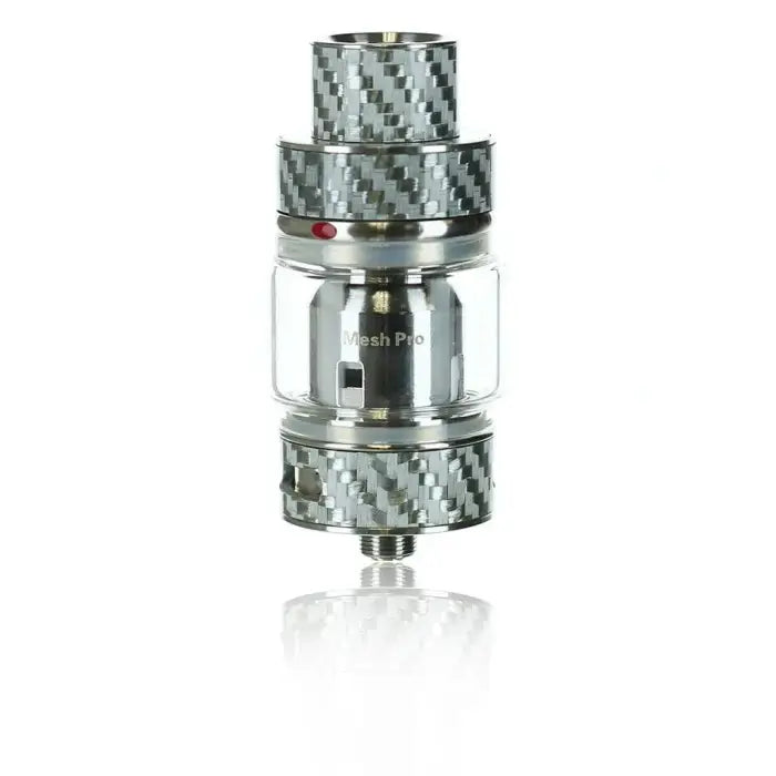 Vaping tank or atomizer with a carbon fiber pattern exterior.