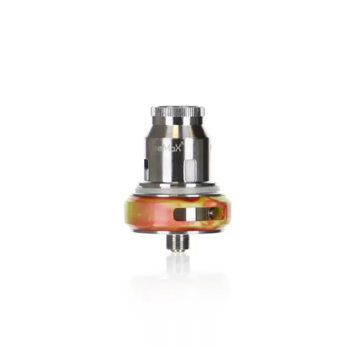 Metallic vaping atomizer or coil head with an orange base component.