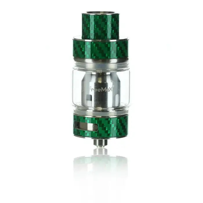 Vaping tank or atomizer with green and silver metallic components.