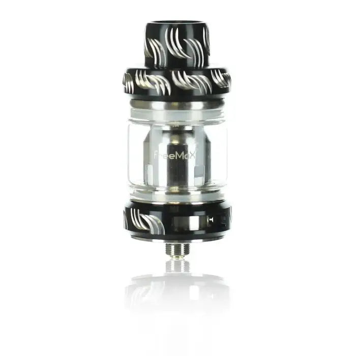 Vaping tank or atomizer with a glass chamber and decorative black and white swirled top cap.