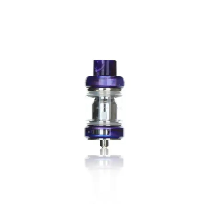 Metallic and glass vaping tank or atomizer with purple accents.