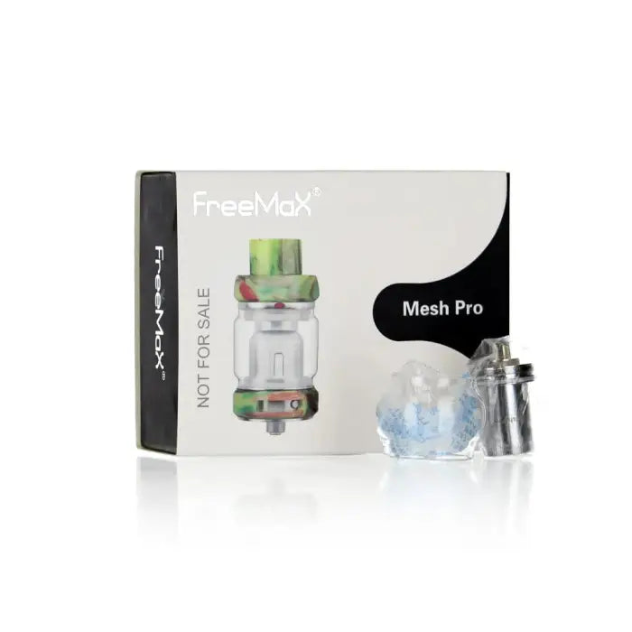 Vaping device packaging labeled ’FreeMax Mesh Pro’ with visible tank components.