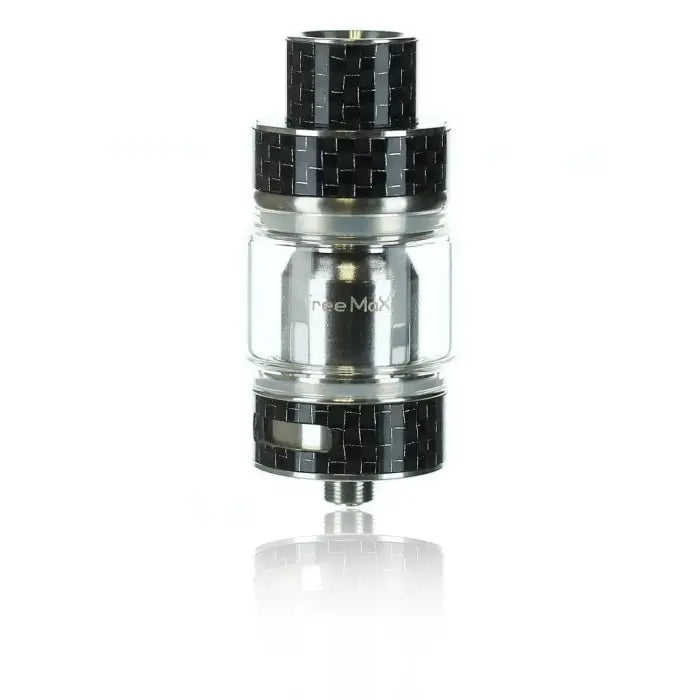 Vaping tank or atomizer with a glass chamber and carbon fiber-patterned top and base.