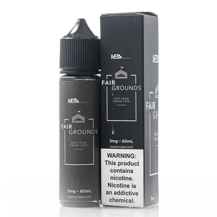 E-liquid bottle and its packaging for a product called ’Fair Grounds’ by MET4.