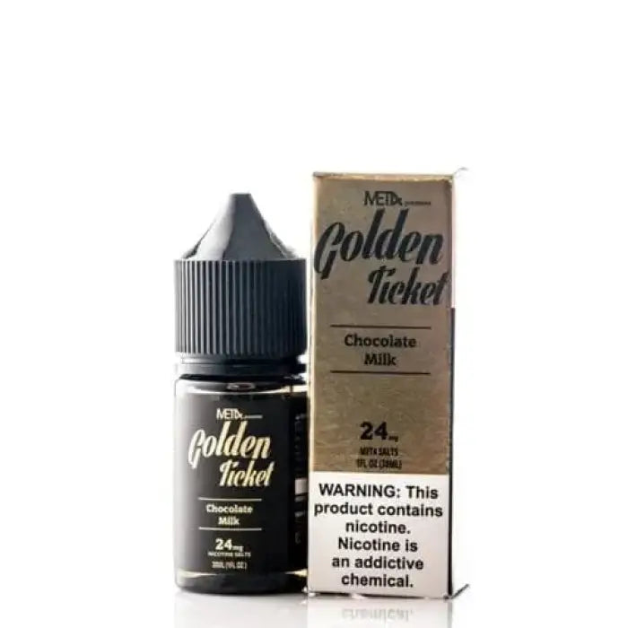 Bottle of Golden Ticket chocolate milk-flavored e-liquid with its packaging.