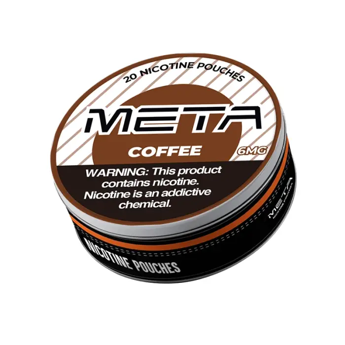 Circular container of META Coffee nicotine pouches with warning label.