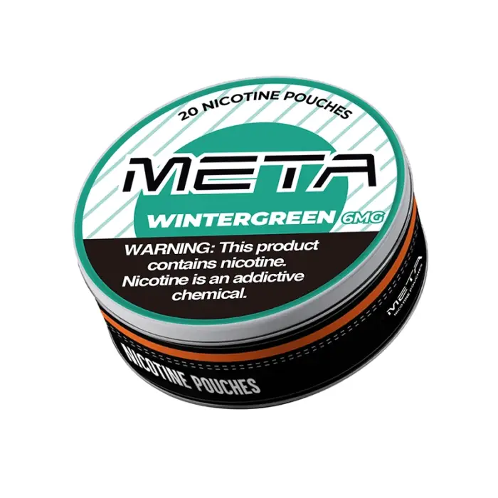 Circular container of META brand wintergreen nicotine pouches.