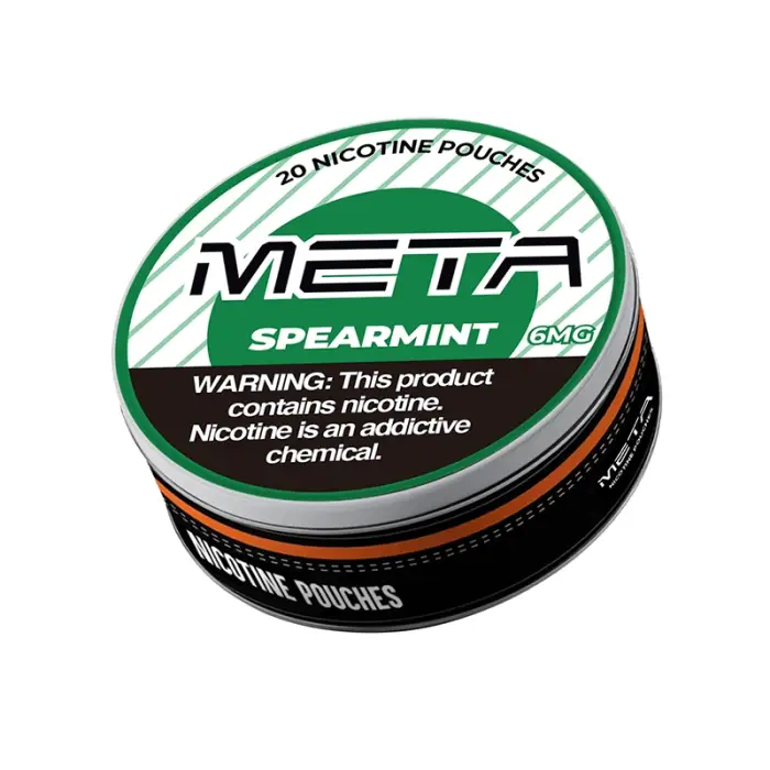 Circular container of META brand spearmint nicotine pouches with warning label.