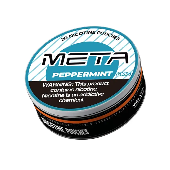 Circular container of META brand peppermint nicotine pouches.