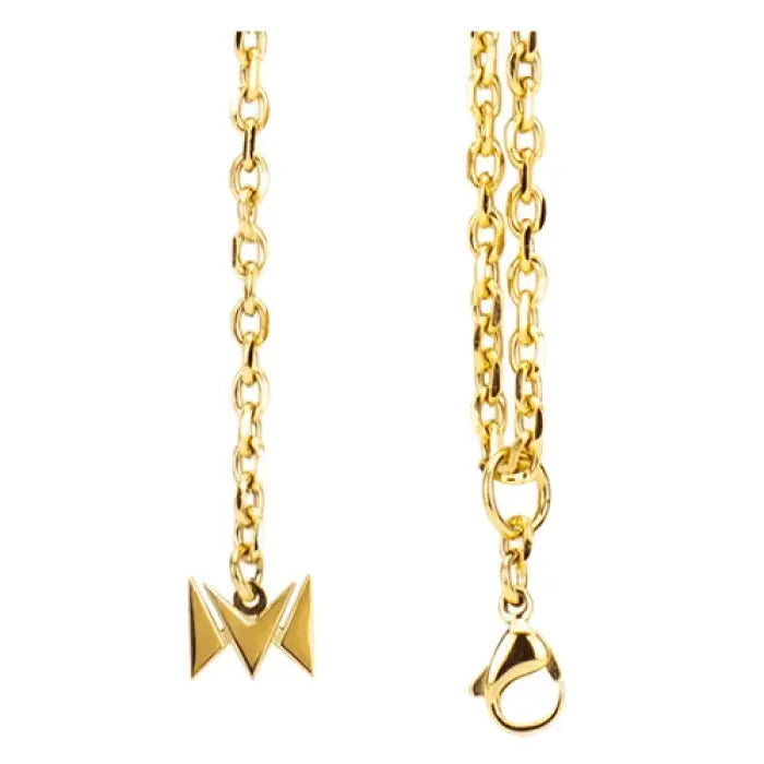 Gold chain necklace with an ’M’ shaped pendant.