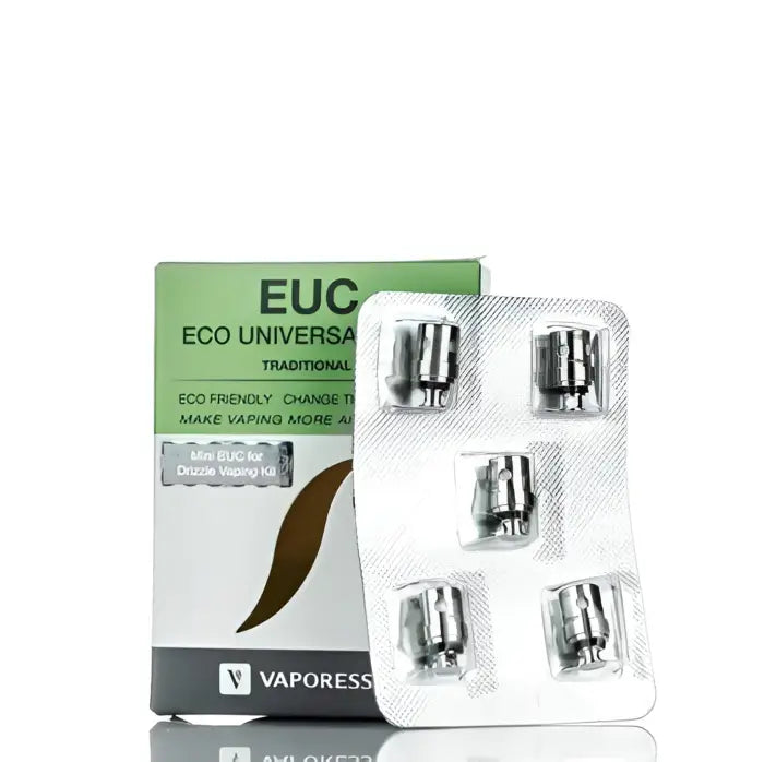 Vaporizer coil replacement pack with five individual coils and product packaging.