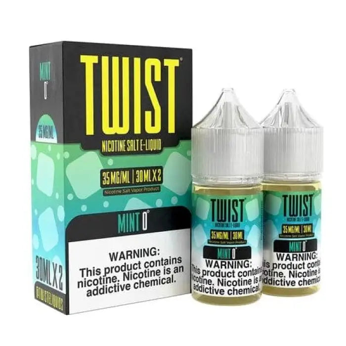 E-liquid or vape juice product called ’Twist’ in mint flavor, with packaging and bottles visible.