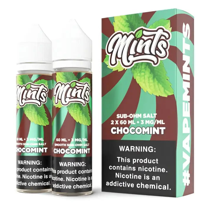 Vape juice bottles and packaging for a chocolate mint flavored e-liquid called ’Mints’.