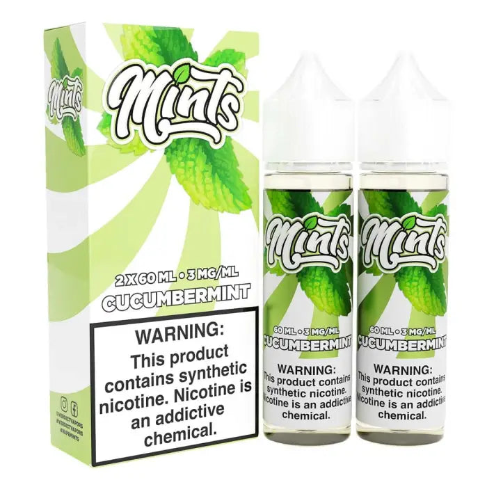 E-liquid or vape juice product called ’Mints’ in cucumber mint flavor, with packaging and warning labels visible.