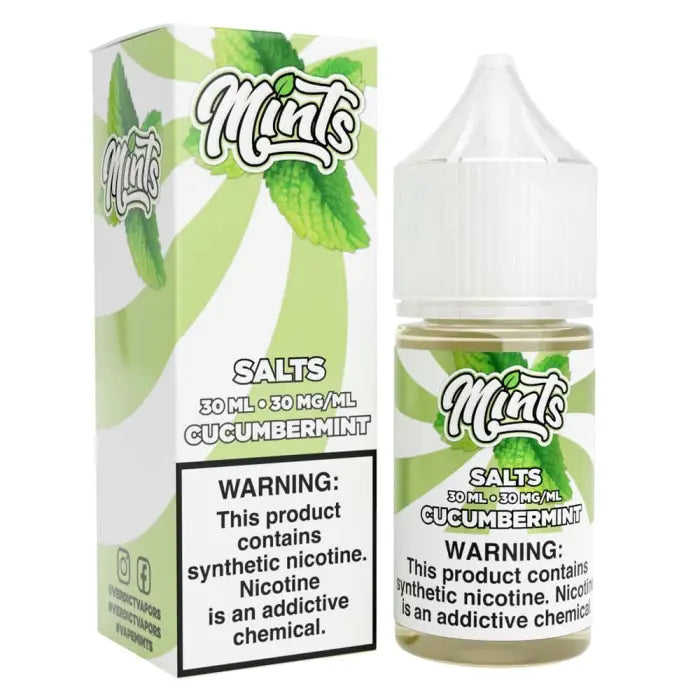 Bottle and packaging of Mints brand cucumber mint flavored nicotine salts e-liquid.