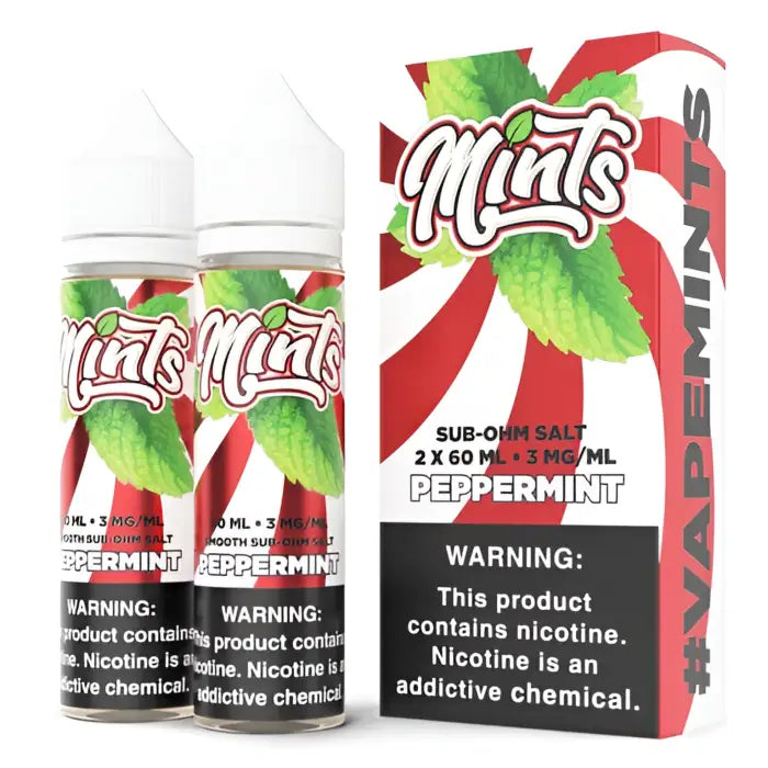 Peppermint-flavored e-liquid bottles and packaging for vaping.