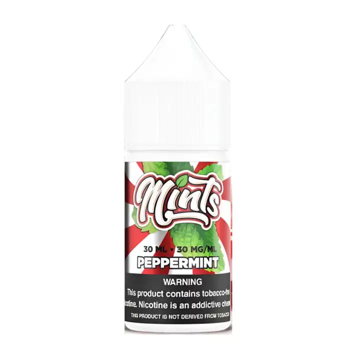 Bottle of peppermint-flavored e-liquid or vape juice labeled ’Mints’ with a warning about nicotine content.