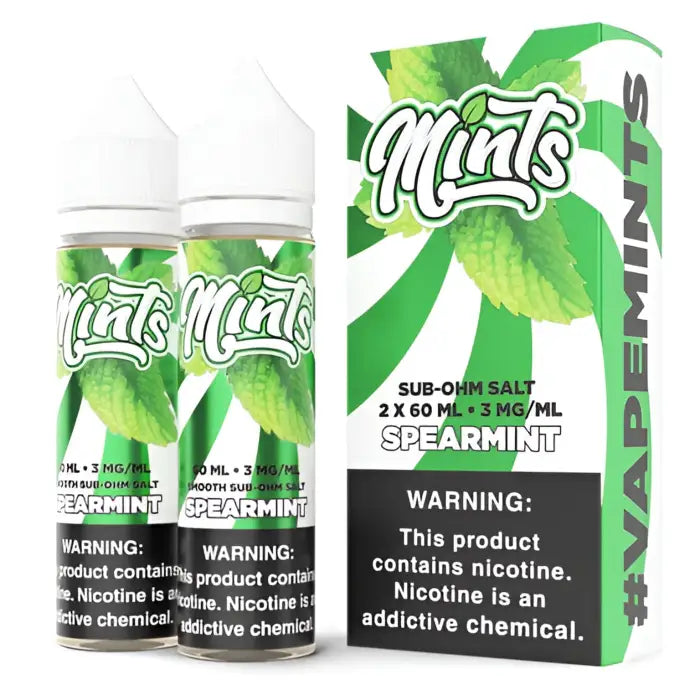 Spearmint-flavored e-liquid product with packaging and warning labels.