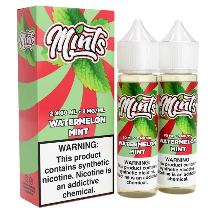 E-liquid product called ’Mints’ in Watermelon Mint flavor, showing a box and two bottles.