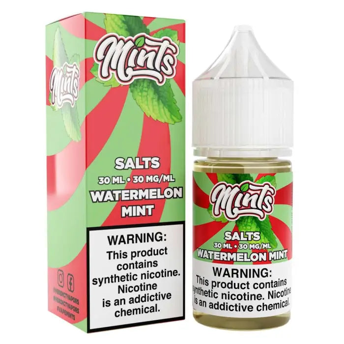 Bottle and box of Mints brand watermelon mint flavored nicotine salts e-liquid.