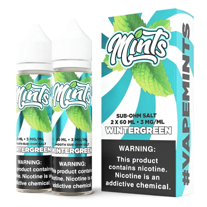 E-liquid or vape juice bottles and packaging for a wintergreen mint flavor.